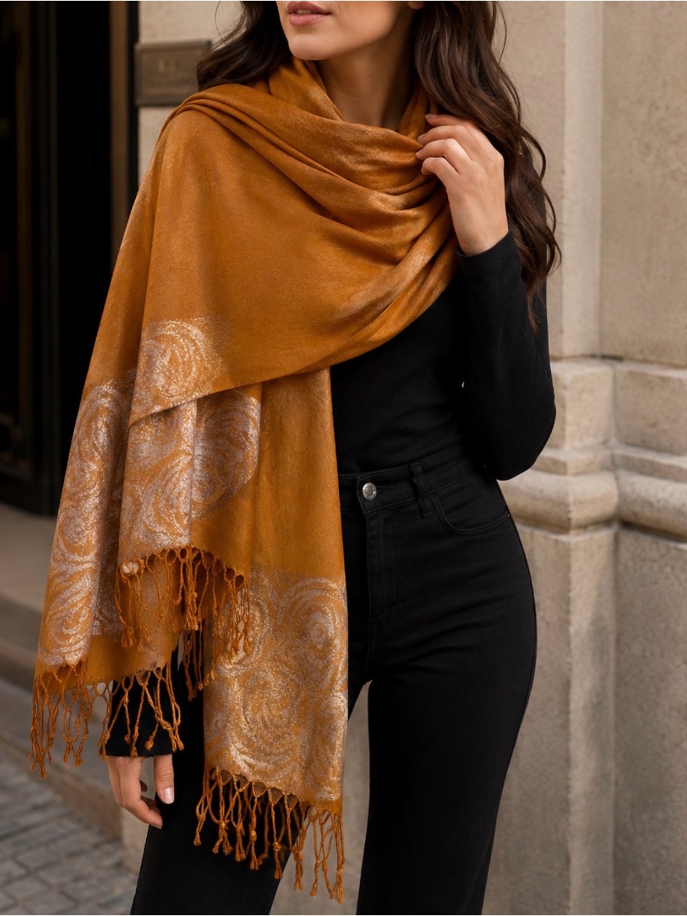 Classic Mustard Paisley Pashmina Scarf - Women Accessories